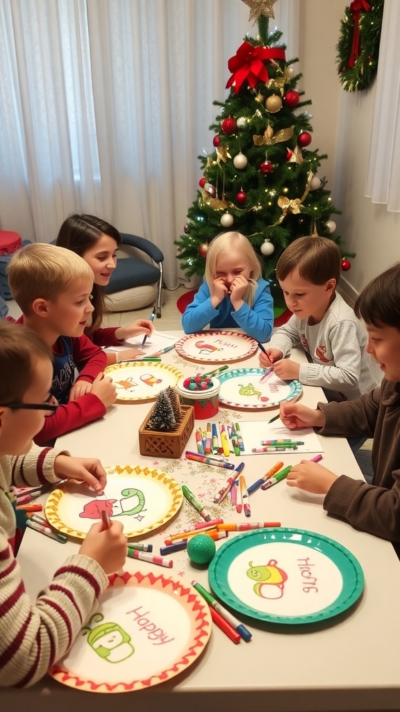 Players enjoying a Christmas drawing game with paper plates and colorful markers.